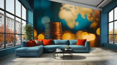 A business financial growth chart that is expanding, a stock market graph, coin stacks, and a background of the world map. Wall mural