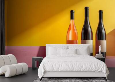 A red or white wine bottle with a glass or two for an elegant drink. Yellow and pink tones Wall mural