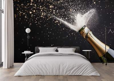 People jubilantly opening a champagne bottle, with the cork flying and the bubbly liquid spraying in a joyous burst. Perfect for celebrating special occasions, parties, and festivities. Wall mural