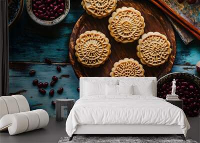 Traditional Chinese mooncake and tea. Wall mural