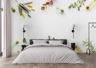 Apothecary of natural wellness and self-care. Herbs and medicine on white background top view frame copy space Wall mural