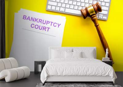 Bankruptcy court concept with gavel, document, keyboard on white background top-down mockup Wall mural