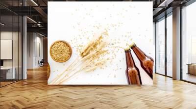 Beer background with barley on white background top view copy space Wall mural