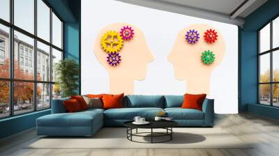 Brain gears on two human heads. Mind work. Brain chaos and mind peace Wall mural