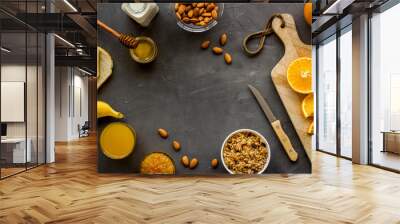 Breakfast with granola mockup on grey background top-down copy space Wall mural