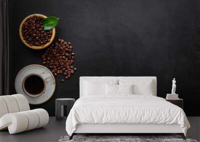 coffee background with beans and cup of americano black table flat lay space for text Wall mural