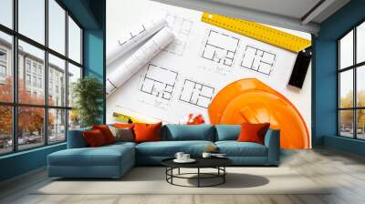 Construction drawing blueprints with helmet, top view. house designing and architect plan concept Wall mural