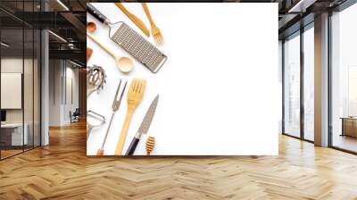 Cookware as instruments for cooking on white background top view copy space Wall mural