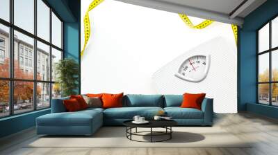 Diet concept with scale and measuring tape for weight loss on white background top view mock up Wall mural