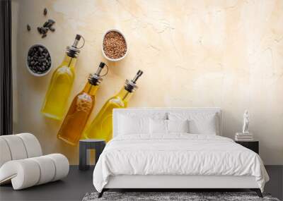 Different kind of cooking oil - sunflower olive and sesame oil with seeds Wall mural