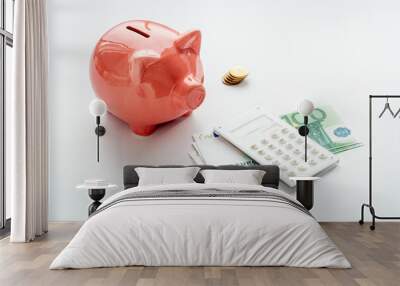 Finance and saving money concept. Piggy bank with cash money and calculator Wall mural