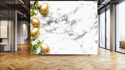 Golden eggs with green tree. Easter decoration background. Top view Wall mural