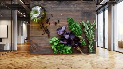 greenery with natural oil for cooking on wooden kitchen table background top view mock-up Wall mural