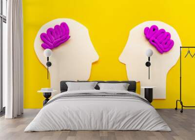 Human connection and communication. Brain on two paper human heads Wall mural