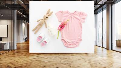 Newborn baby bodysuit with rabbit toy, flat lay, top view Wall mural