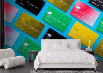 Pay by card concept on blue background top view pattern Wall mural