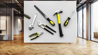 Repair tool kit background. Building. Grey table top view Wall mural