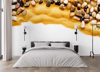 Resort or vacation concept. Sea stones and sand on white background top-down frame copy space Wall mural