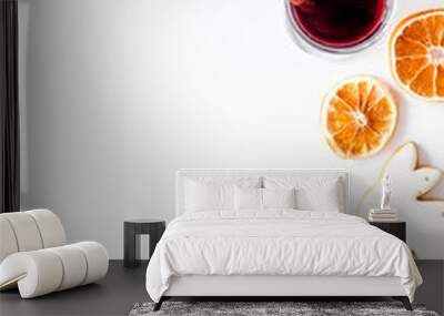 Romantic New Year with two glasses of mulled wine on white background top view frame space for text Wall mural