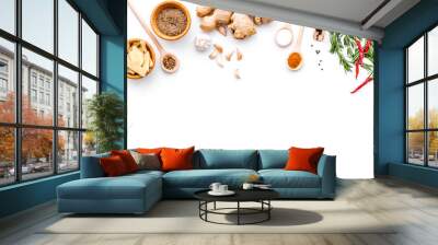 seasoning background. dry spices near ginger, garlic, rosemary, chili on white background top view c Wall mural