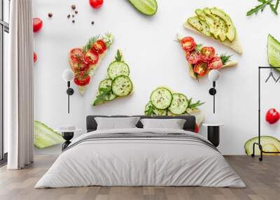 set of avocado sandwiches on white background top-down pattern Wall mural