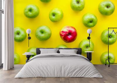 summer fruit pattern with apples on yellow background top view Wall mural