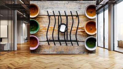 Tea break. Cookware fo tea ceremony. Cups on rustic wooden background top view Wall mural