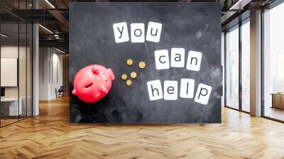 You can help text. Charity concept with piggy bank and coins on grey background top-down Wall mural