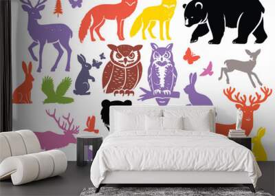 Colorful silhouette woodland animals isolated on white background Wall mural