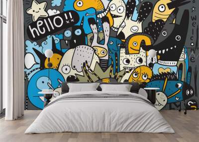 Hipster Hand drawn Crazy doodle Monster City,drawing style.Vecto Wall mural