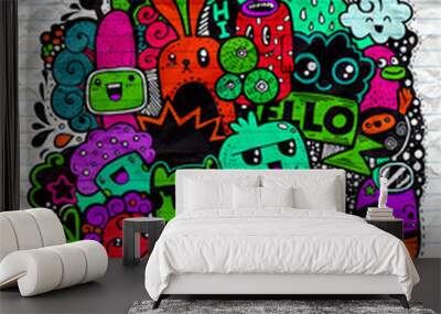 Hipster Hand drawn happy doodle Monster group drawing style.Vect Wall mural