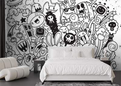 Vector illustration of Doodle cute Monster background ,Hand drawing Doodle Wall mural