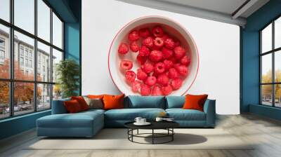 Top view above closeup bowl of fresh raspberries soaking in a water with isolated white grey background Wall mural