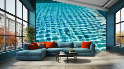 A serene turquoise pool with palm leaf shadows dancing on crystal-clear water, surrounded by lush tropical greenery, creating a tropical and tranquil atmosphere under the sun.  Wall mural