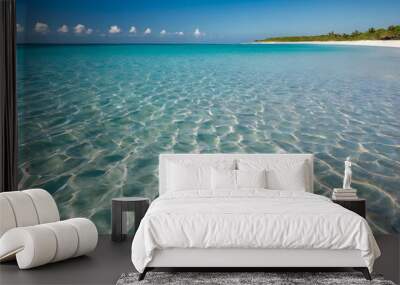 Crystal-clear turquoise water gently ripples over a sandy beach, reflecting sunlight and creating a peaceful, tropical atmosphere. Wall mural