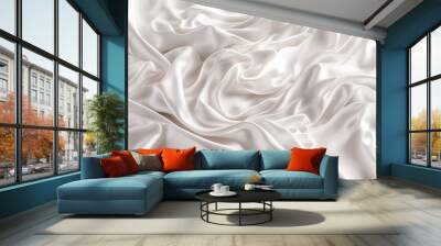 Soft and smooth white silk satin background. Highly detailed and wavy crumpled bed sheet texture. AI-Generated Wall mural