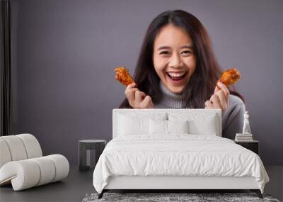 happy woman with fried chicken Wall mural