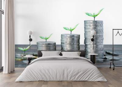 Stacked coins with money saving concept and profit graph business finance in a piggy bank with money boxes for future funds of tourism, home, and retirement on a white isolead background. Wall mural