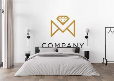 initial letter M with diamond line logo for golden jewelry logo icon symbol vector element, wedding icon logo Wall mural