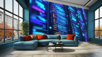 Abstract futuristic technology background with rows of glowing code lines. Wall mural