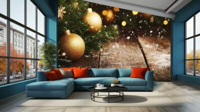 Christmas Ornament on Wooden Table with Snowfall Wall mural