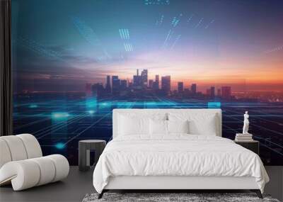 connection technology with smart city background. Futuristic background concept Wall mural