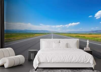 highway in the grassland background of blue sky and bright clouds, long road stretches into the distance. empty street on a beautiful sunny day Wall mural