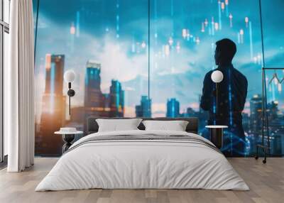 Man Looking at Cityscape with Financial Data Overlay Wall mural