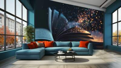 Open book on table in library and bookshelf background Wall mural