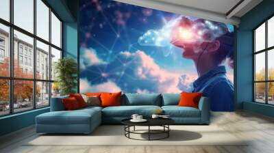 Portrait of businesswoman working with vr glasses, Metaverse and VR concept Wall mural