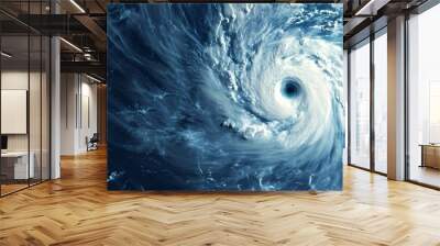 a satellite image of a hurricane in the ocean with a blue sky background and a white swirl in the center Wall mural