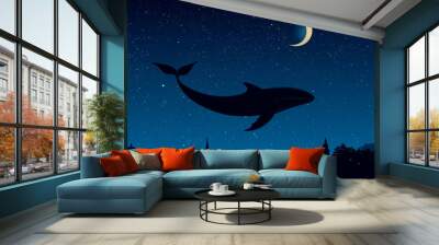 A serene night sky with a deep blue hue. A large whale, rendered in dark shades, gracefully floats against this backdrop, its tail and fin delicately curved. Wall mural