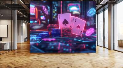 A vibrant and futuristic setting, likely a casino or gaming environment. At the center, there's a stack of poker chips with three playing cards - two aces and one club - prominently displayed Wall mural