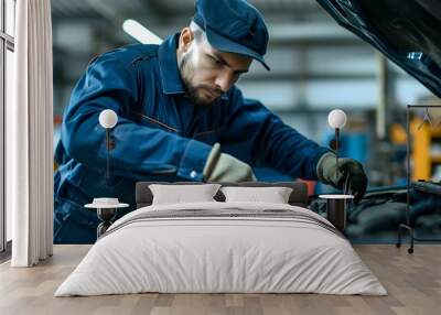 mechanic at work, a man in a blue uniform is working on a car in a garage with a wrench Wall mural